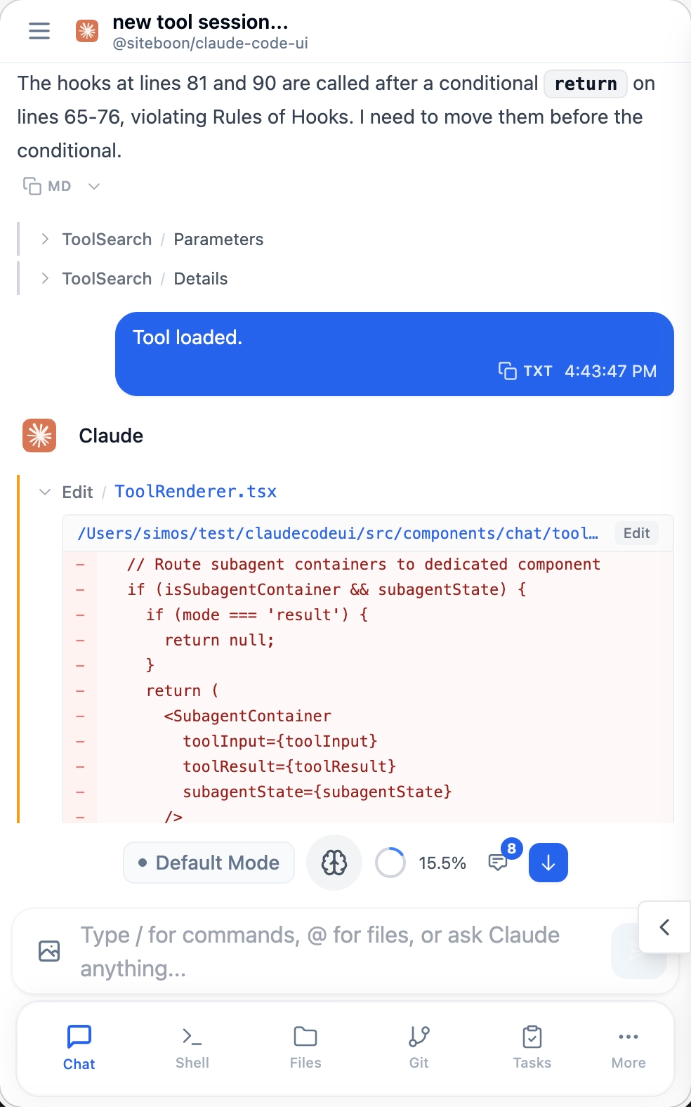 CloudCLI mobile screenshot